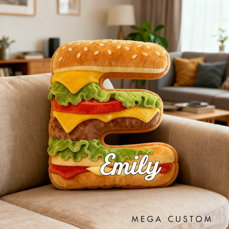 Personalized Burger Alphabet Throw Pillow Hamburger Letter Pillow with Name for Kids Girl Boy Baker Christmas Gifts Loving Room Decor