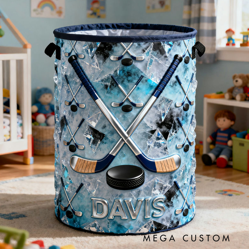 Personalized Ice Hockey Storage Basket with Custom Name and Crossed Sticks Design for Fans and Athletes