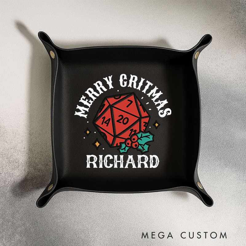 Personalized DND Christmas Dice Tray Dungeon Gamer Catchall Geek DM Leather Dice Tray Christmas Gift Family Gift