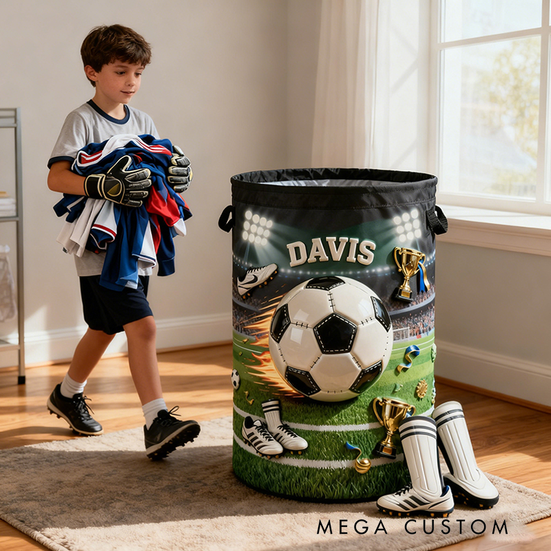 Personalized Soccer Storage Basket with Custom Name and Trophy Design for Kids and Soccer Fans