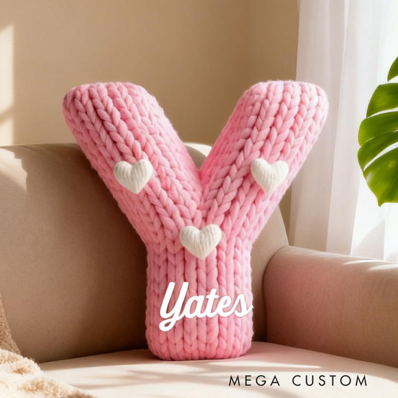 Personalized Pink Knitted Heart Alphabet Throw Pillow Knitting Letter with Name for  Girlfriend Wife Valentine's Day Gifts Loving Room Decor