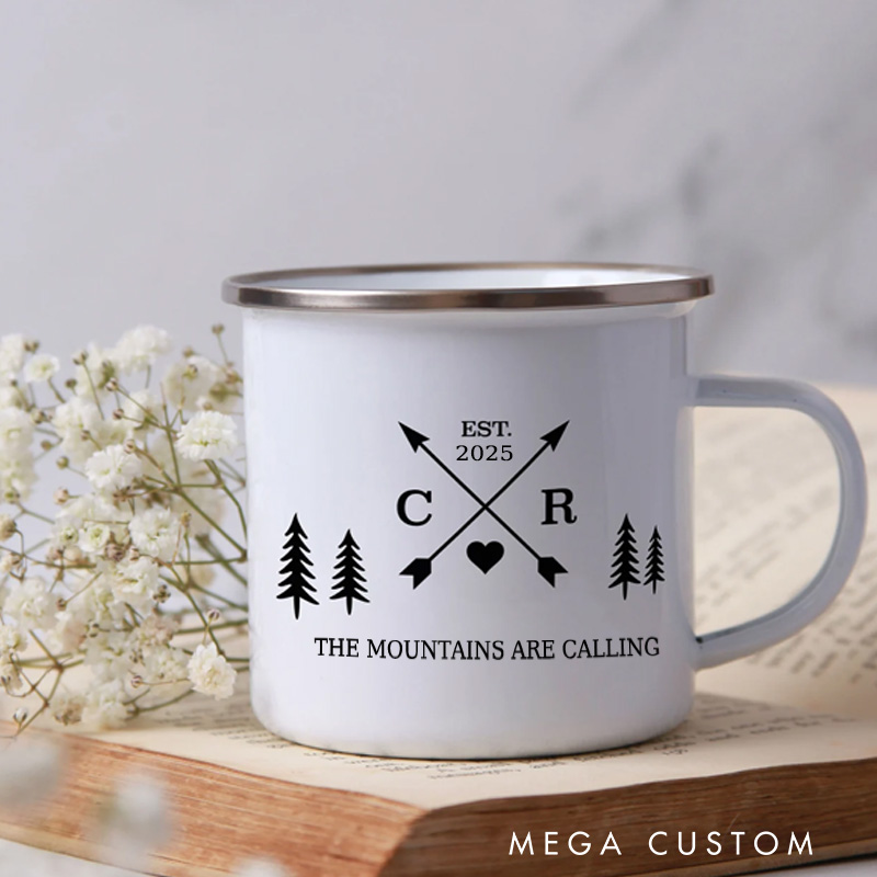 Personalised Enamel Campfire Mug Custom Outdoor Adventure Mug Couple Hiking Gift