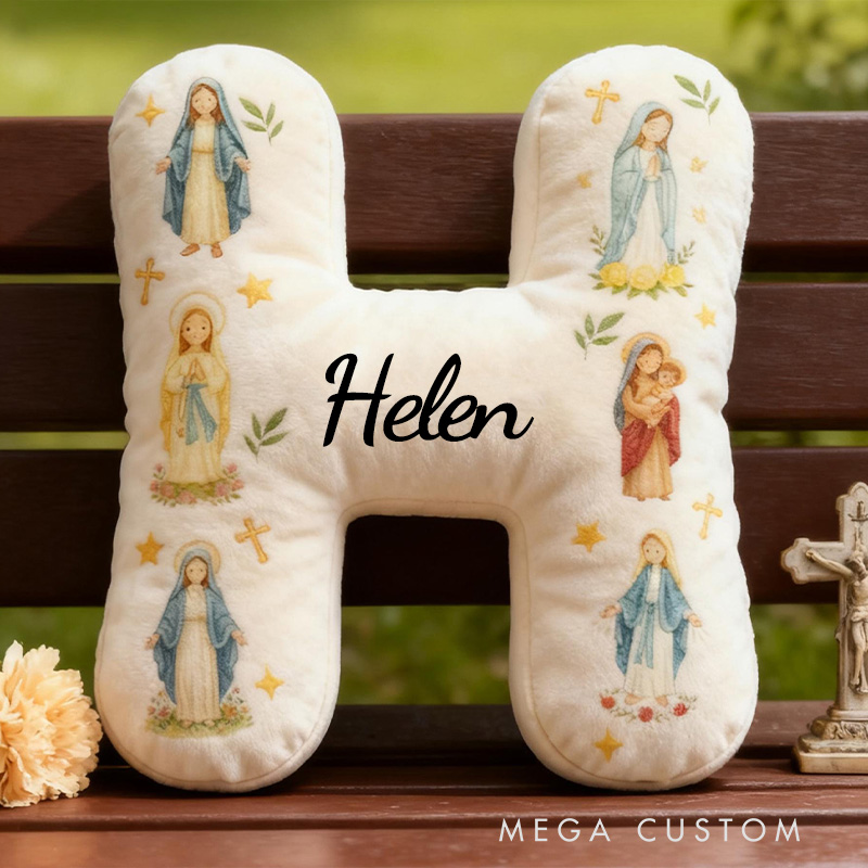 Personalized Virgin Mary Letter Pillow with Custom Name Home Decor Catholic Gift for Her Blessed Mother Gift Cross Star Olive Graphic 3D Print Pillow