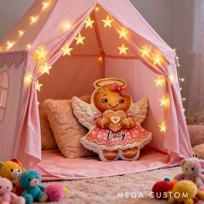 Personalized Angel Gingerbread Girl in Pink Dress Throw Pillow with Name for Kids Girl Baker Christmas Gifts Loving Room Decor