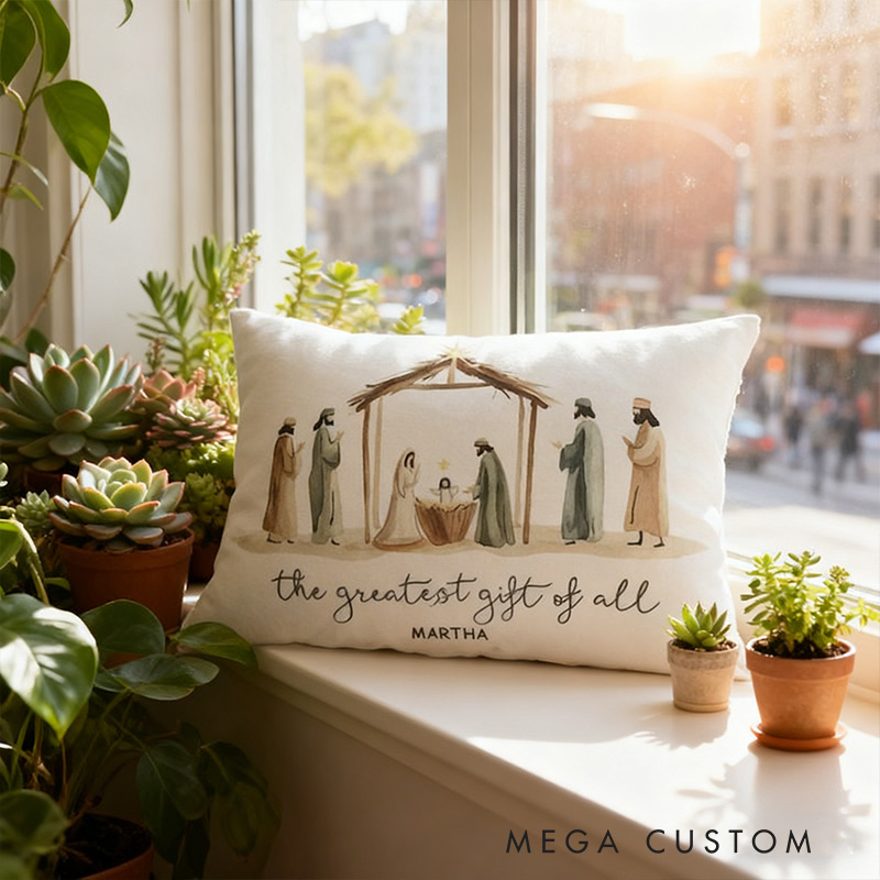 Personalized the Greatest Gift of All Christian Christmas Nativity Star Pillow with Custom Name Xmas Holiday Christian Décor Baby Jesus Religious Gift