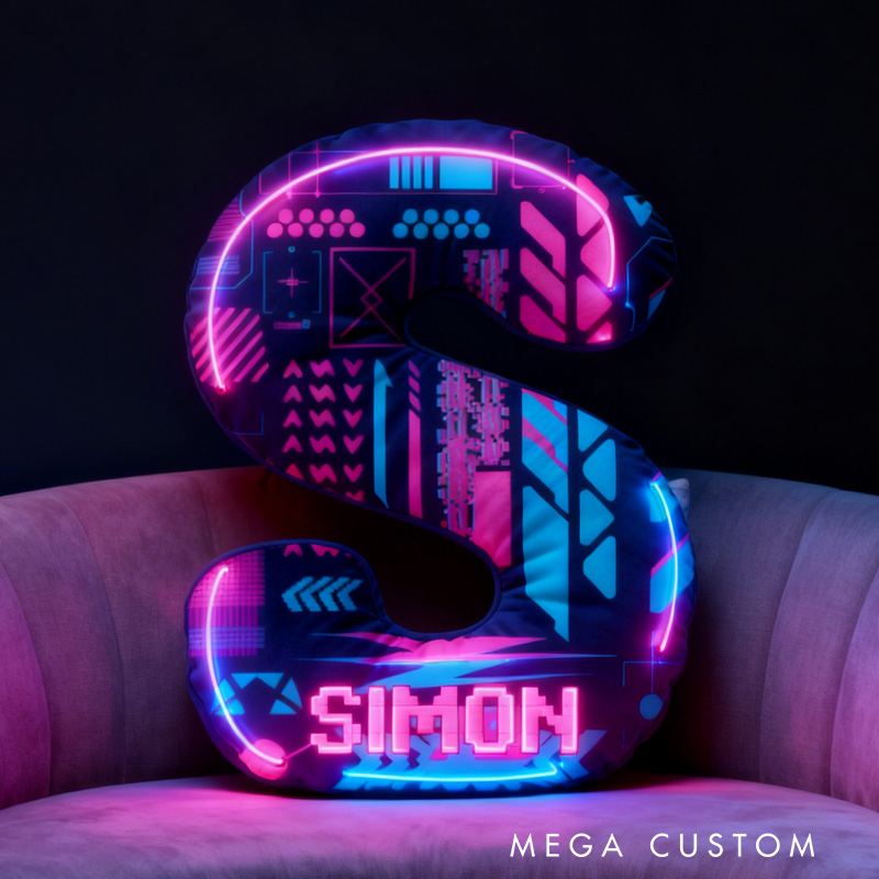 Personalized Neon Letter Pillow for Gamers Custom Technology Enthusiasts Lovers Pillow Geek Nerd Gift