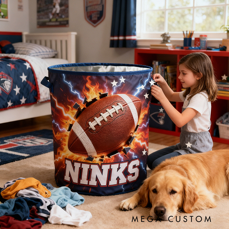 Personalized Football Storage Basket with Bold Lightning Design and Name for Young Athletes and Fans