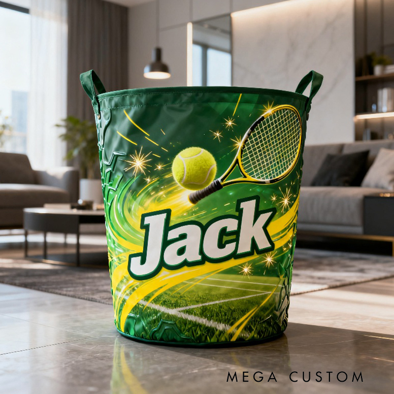 Personalized Tennis Storage Basket with Custom Name and Vibrant Green Design for Enthusiasts