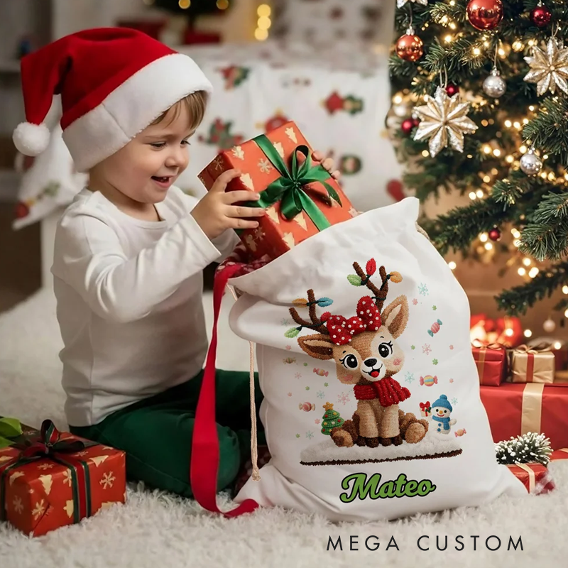 Personalized Cute Cartoon Reindeer Canvas Drawstring Gift Bag with Name Christmas Gift for Kids Family Friends