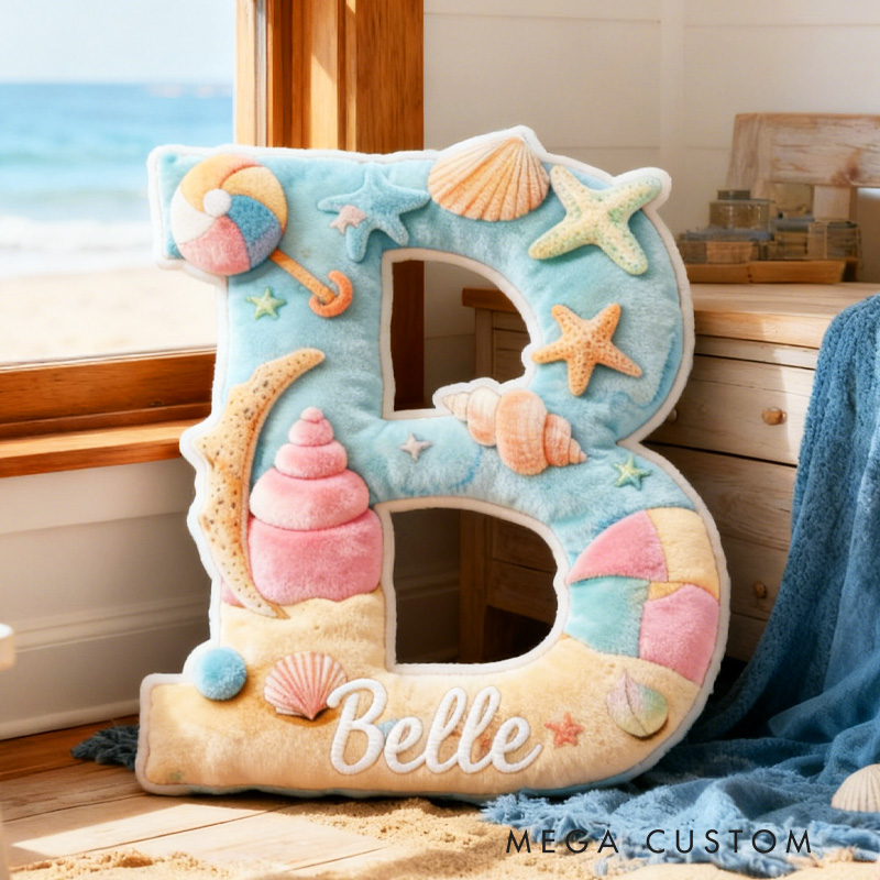 Personalized Beach Travel Alphabet Throw Pillow Seashell Letter Pillow with Name Sea Initial Pillow for Kids Boys Girls Travelling Lover Christmas Gift