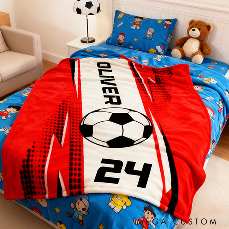 Personalized Soccer Blanket with Custom Name and Jersey Number for Soccer Fans. 