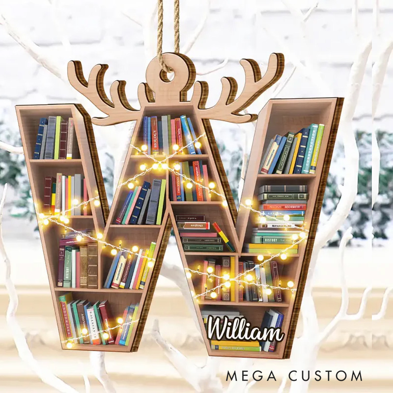 Personalized Bookshelf Alphabet Acrylic Ornament with Name Bookish Christmas Ornament Gift for Book Club Librarian Book Lovers