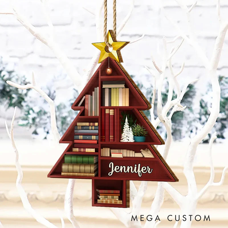 Personalized Reading Bookshelves Christmas Tree Acrylic Ornament with Name Bookish Christmas Ornament Gift for Book Club Librarian Book Lovers