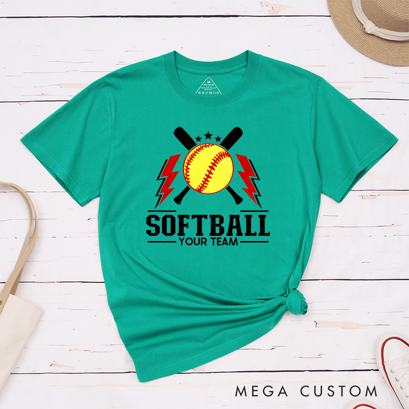 Personalized Softball Team T-Shirt Design Featuring Customizable Team Name Bold Softball Graphics Crossed Bats and Striking Lightning Elements