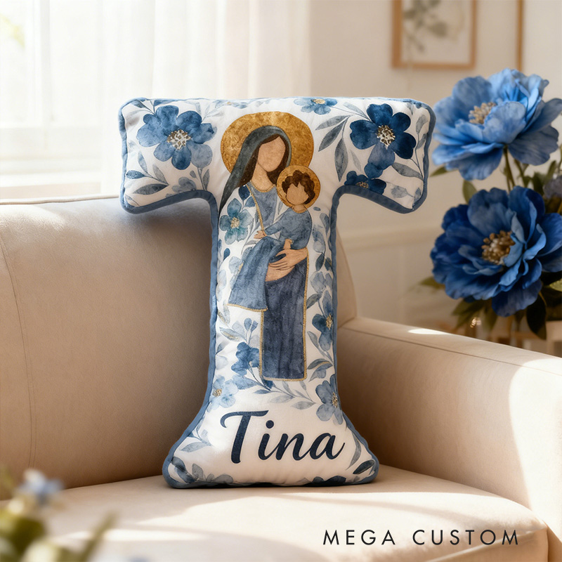 Personalized the Virgin Mary and Baby Jesus Letter Pillow with Custom Name Religious Home Decor Christian Gift Blue Floral Graphic 3D Print Pillow