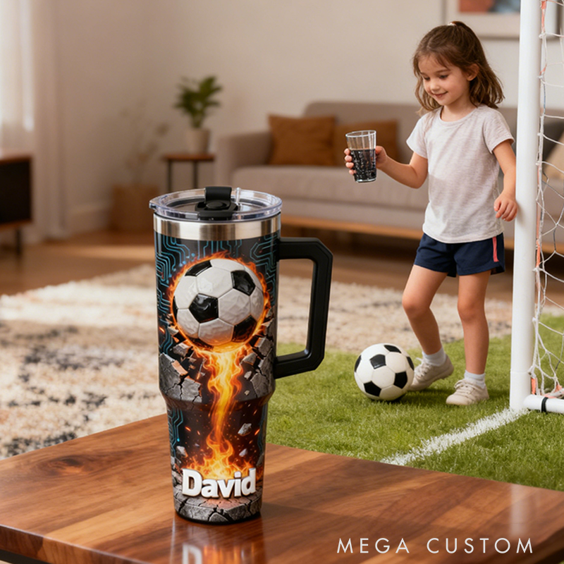 Personalized Soccer Tumbler with Custom Name and Flaming Ball Design for Fans and Athletes