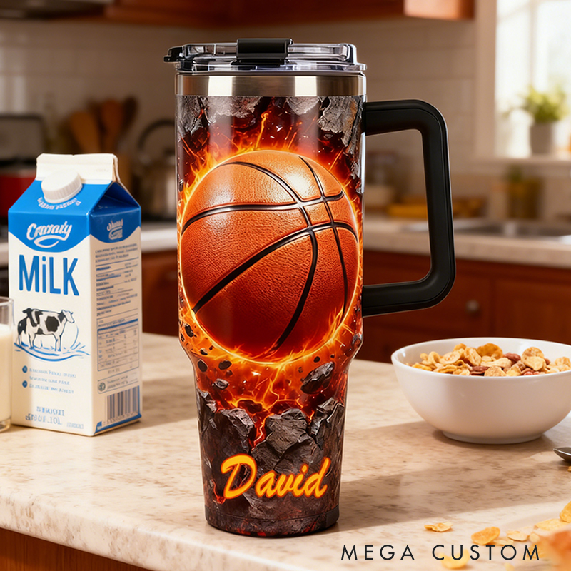 Personalized Basketball Tumbler with Custom Name and Fiery Design for Fans and Players