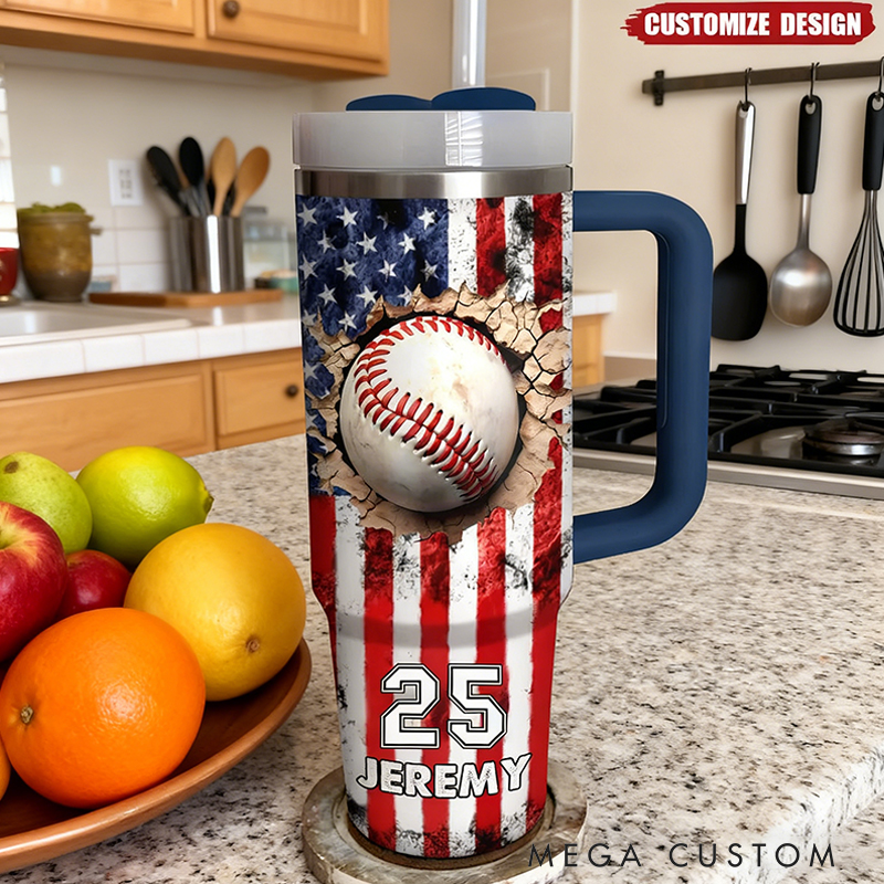 Personalized Baseball Tumbler with Custom Name, Number, and American Flag Design