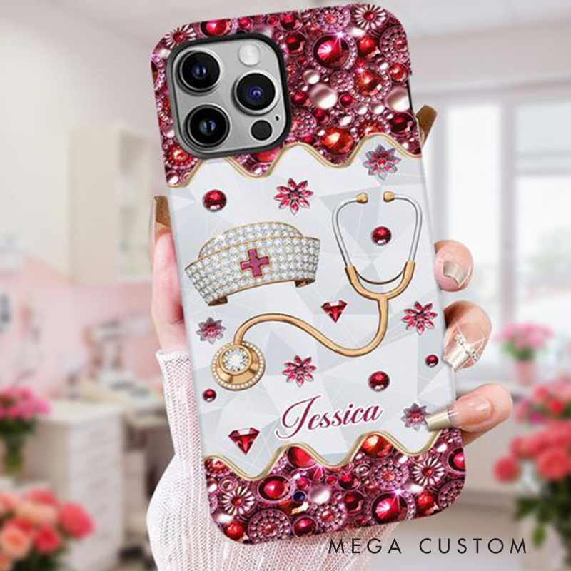 Personalized Nurse Phone Case Custom Name Nursing Hat and Stethoscope Design Gift for Nurses and Healthcare Workers