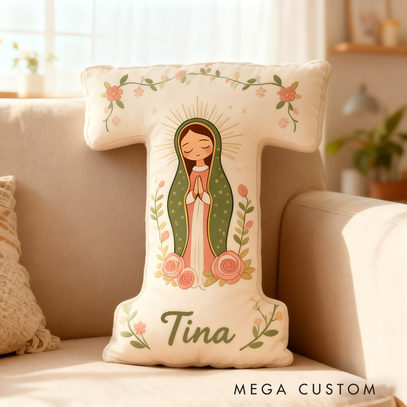 Personalized Cute Our Lady of Guadalupe Letter Pillow with Custom Name Kids Room Decor Catholic Gift for Women Baptism Gift Graphic 3D Print Pillow