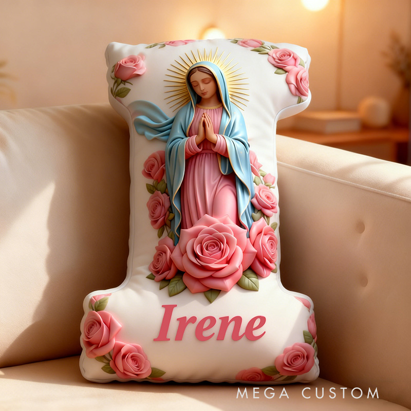 Personalized Virgin of Guadalupe Letter Pillow with Custom Name Religious Home Decor Catholic Prayer Gift for Her Pink Rose Graphic 3D Print Pillow