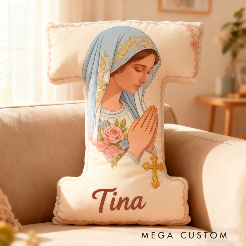 Personalized Virgin Mary Letter Pillow with Custom Name Religious Home Decor Catholic Gift for Her Gift for Prayer Faith Cross Graphic 3D Print Pillow