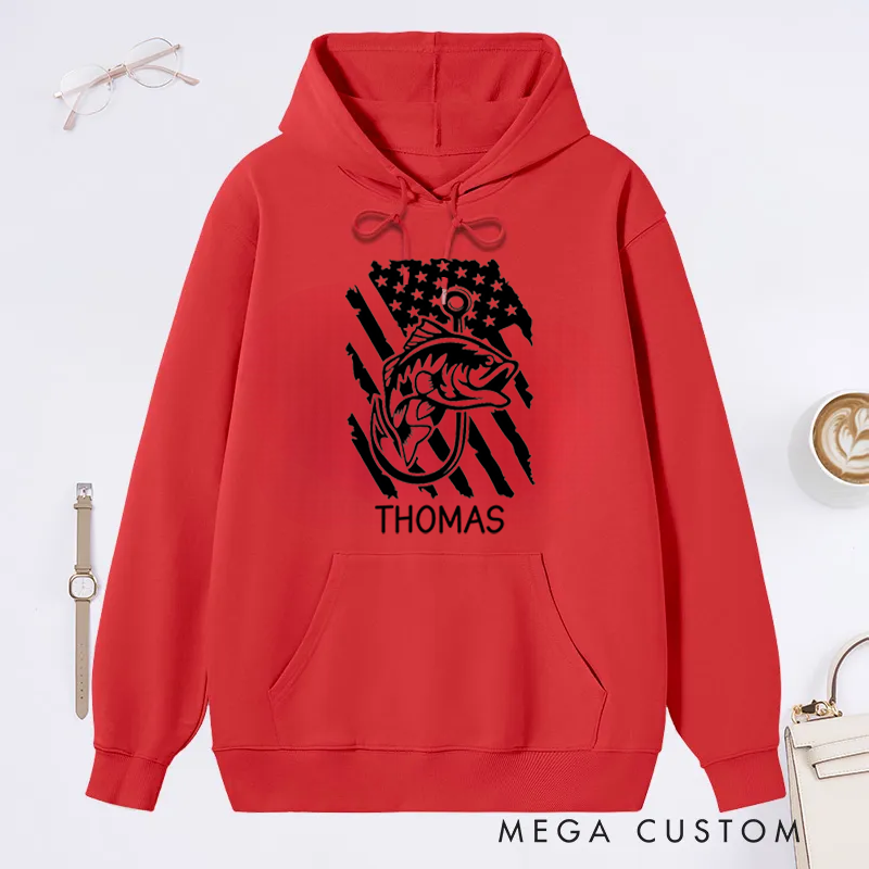 Personalized Fishing Hoodie with American Flag and Fish Design Custom Name Perfect Gift for Fishing Lovers