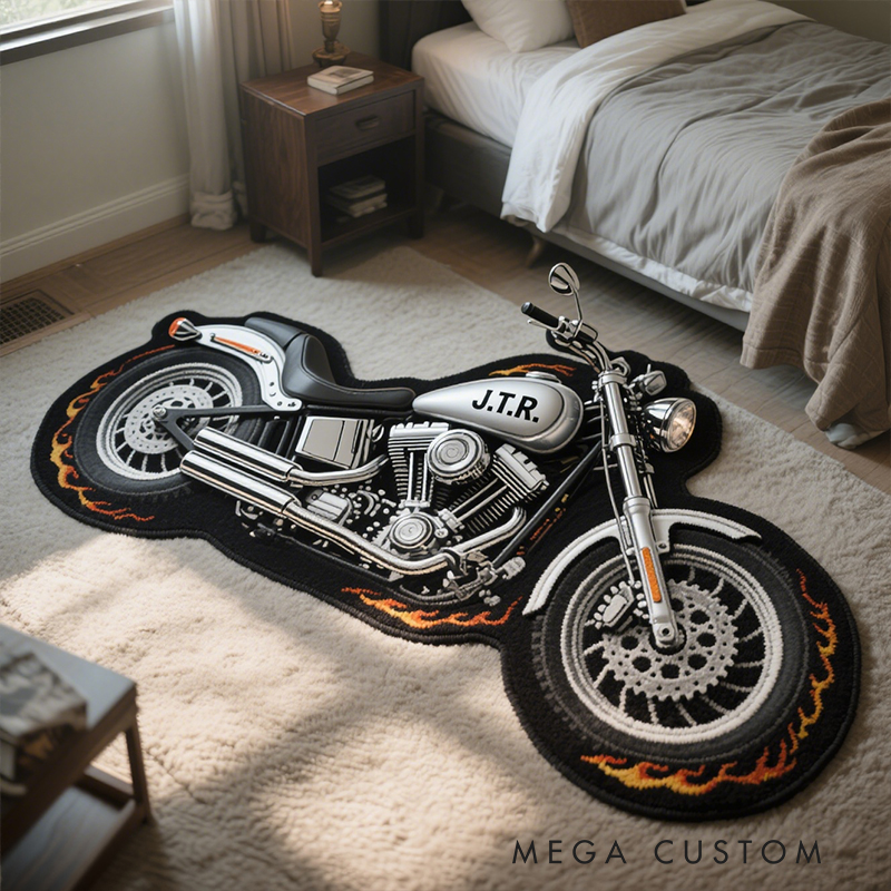Personalized Motorcycle Shaped Rug Custom Name and Design Choice Gift for Bikers and Garage Decor