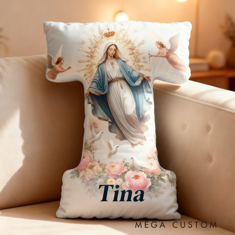 Personalized Virgin Mary Surrounded by Angels Letter Pillow with Custom Name Religious Home Decor Catholic Gift for Her Floral Graphic 3D Print Pillow