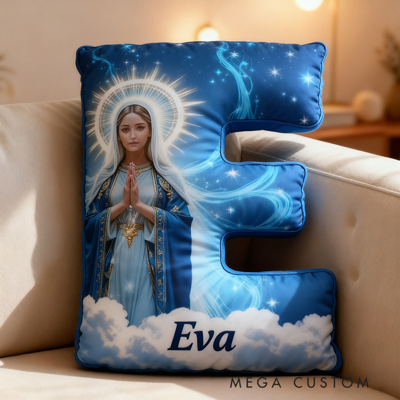 Personalized Virgin Mary Letter Pillow with Custom Name Religious Home Decor Catholic Gift for Pray & Faith Halo and Starry Graphic 3D Print Pillow