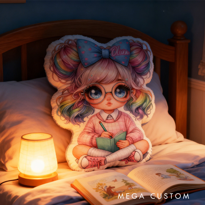 Personalized Cute Girl with Colorful Bow Hair Design Throw Pillow Cartoon Girl Pillow with Name Book Initial Pillow for Kids Boys Girls Book Lover Christmas Gift