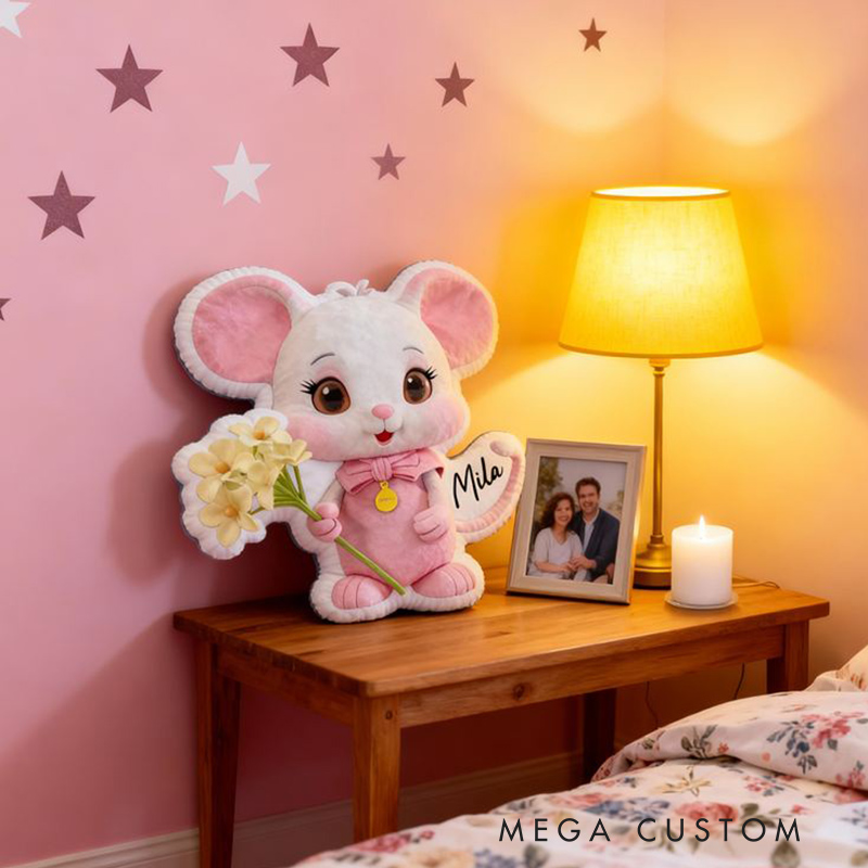 Personalized Cartoon-Shaped Pillow Cute Mouse with Flowers Design Perfect Gift for Girls