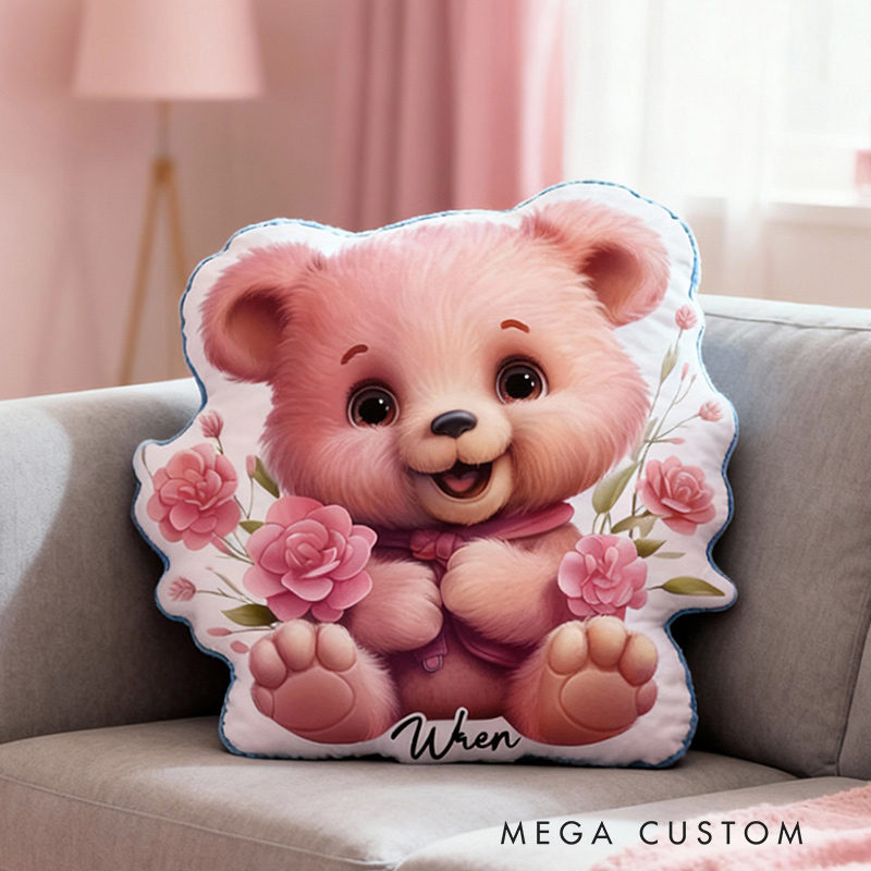 Personalized Pink Bear Pillow with Added Name and Floral Design for Kids Gardening Lovers Gift