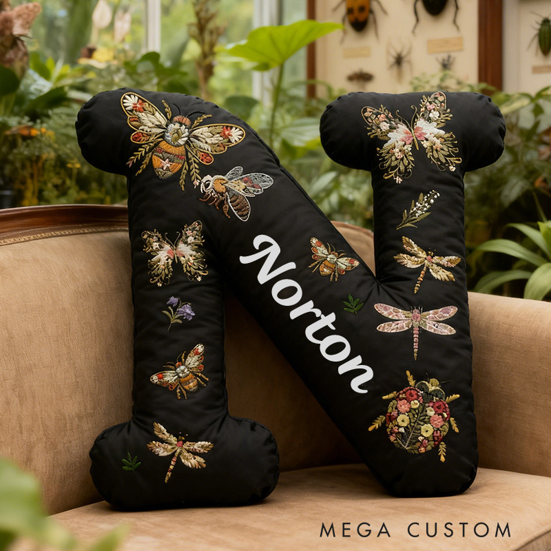 Personalized Bugs & Floral Initial Pillow Custom Outdoor Nature Lovers Pillow Gift for Nature Adventure Enthusiasts