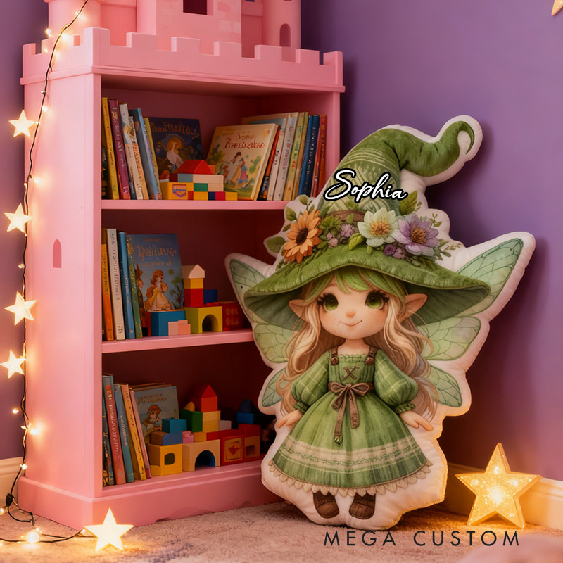 Personalized Green Fairy Pillow Garden Fae Fun Girl Pillow with Name for Kids Gardening Lovers Gift