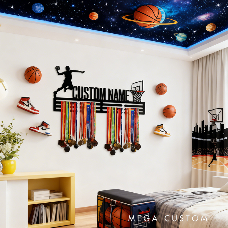 Personalized Basketball Medal Holder with Custom Name and Dunking Player Design