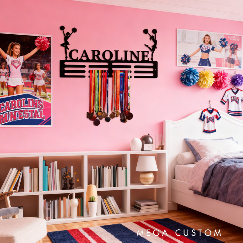 Personalized Cheerleading Medal Holder with Custom Name and Cheerleader Silhouettes Design