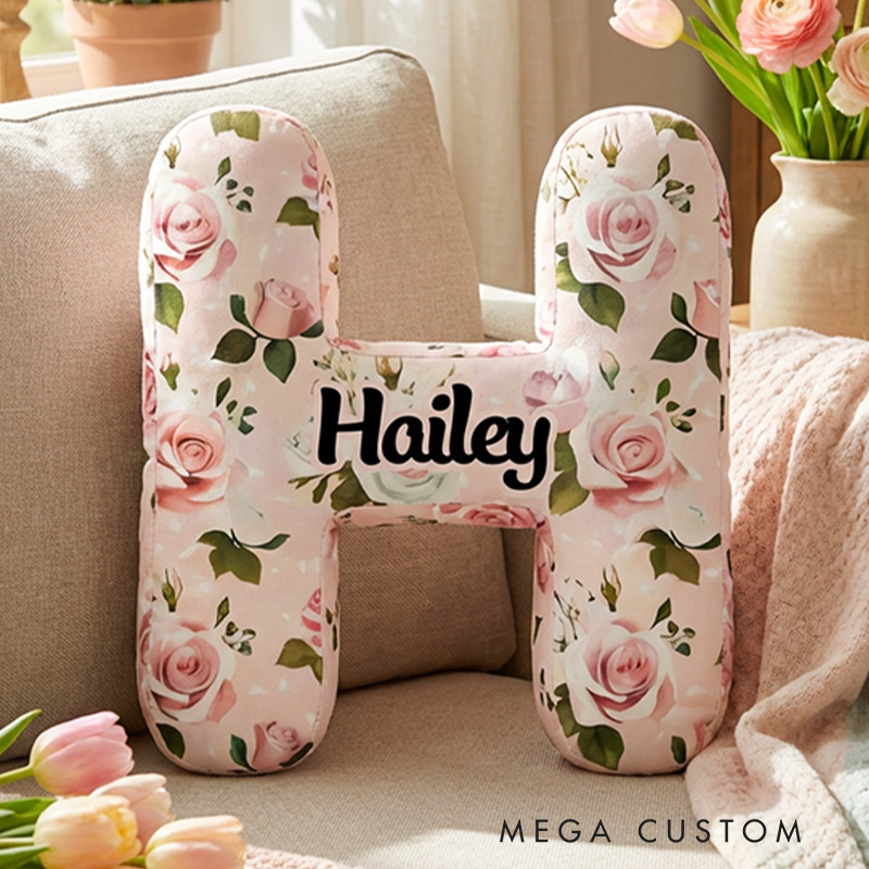Personalized Letter Pillow with Pink Flowers Custom Name Pillow Gift for Kids Gardening Lovers Gift 