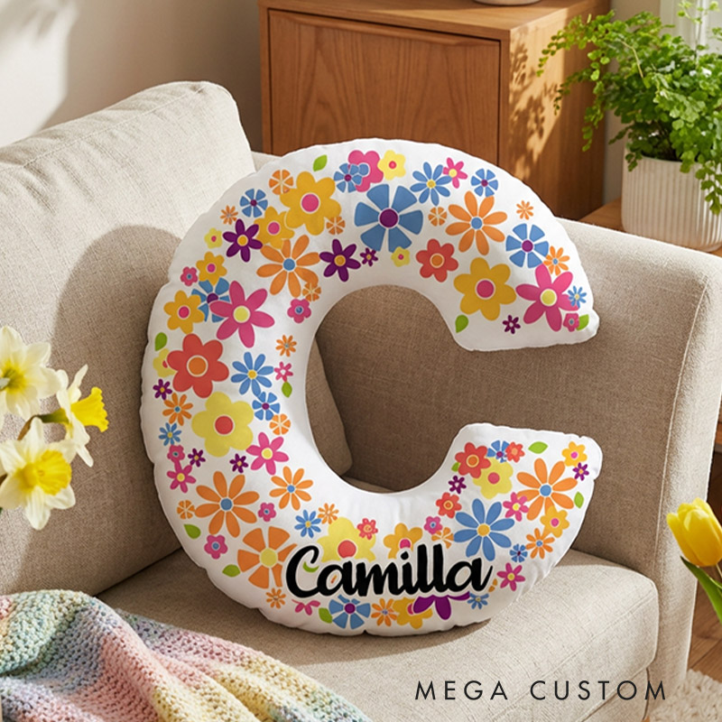 Personalized Letter Pillow with Name Custom Colorful Flowers Pillow Wonderful Gift for Children Gardening Lovers Gift 