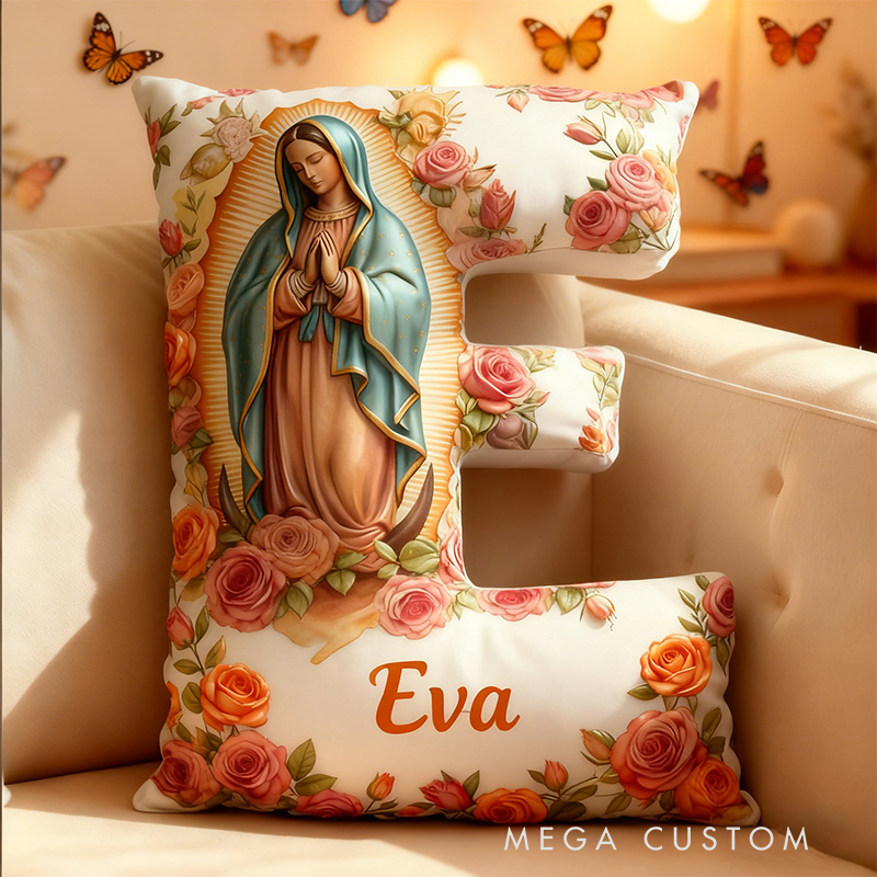 Personalized Virgin Mary Letter Pillow with Custom Name Home Decor Religious Christian Gift for Her Our Lady of Guadalupe Rose Graphic 3D Print Pillow