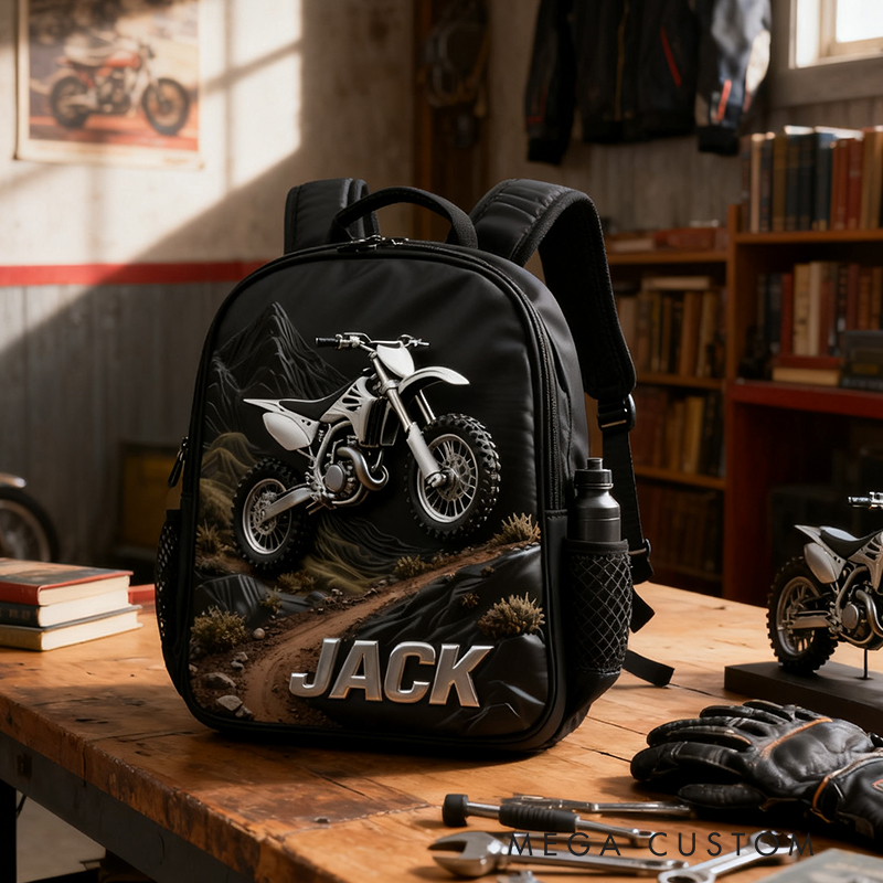 Personalized Motorcycle Backpack Custom Name Dirt Bike Oxford Fabric School Bag Gift for Bikers and Motorcycle Enthusiasts