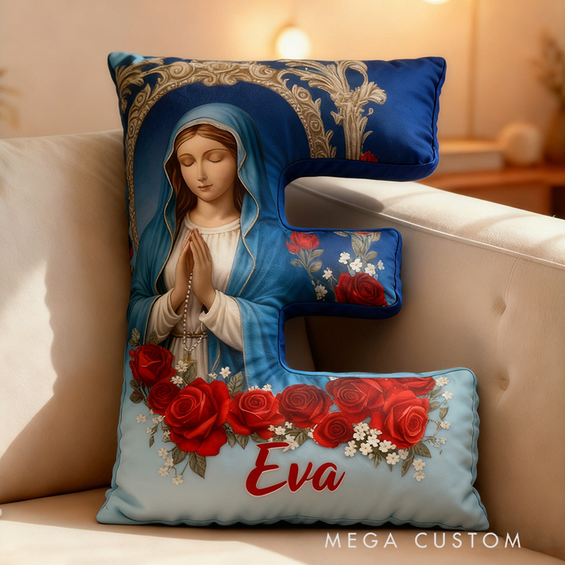 Personalized Virgin Mary Letter Pillow with Custom Name Home Decor Peace Light and Blessing Christian Gift for All Believers Red Rose Graphic 3D Print
