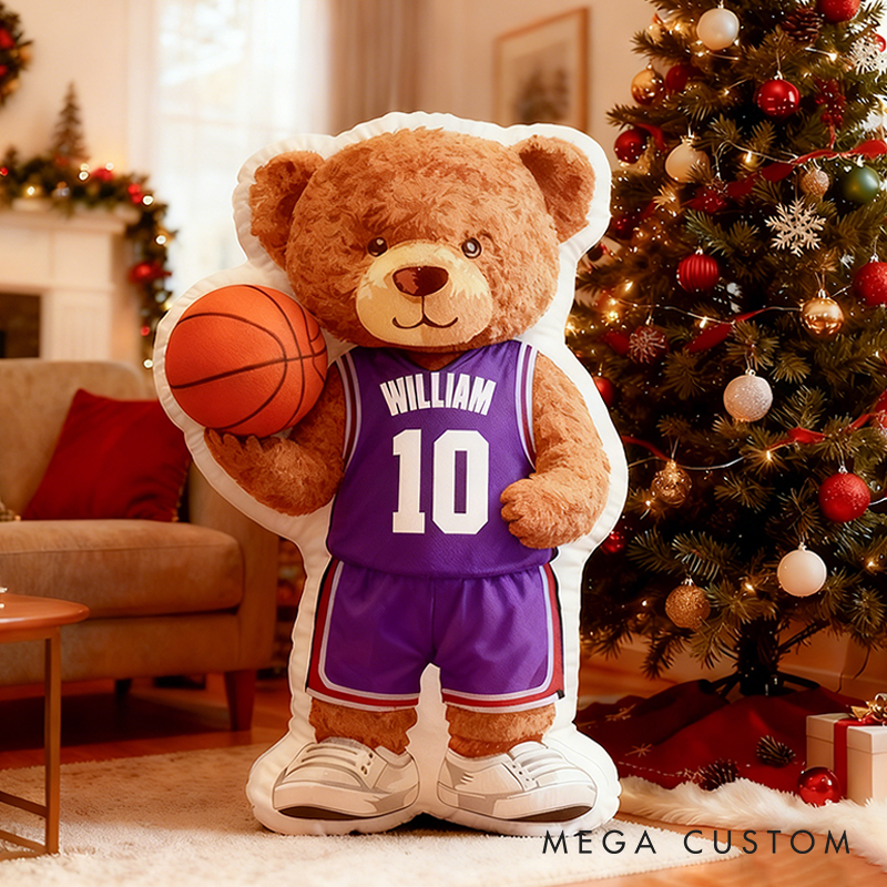 Personalized Basketball Bear Pillow with Custom Name and Jersey Number for Kids and Basketball Lovers