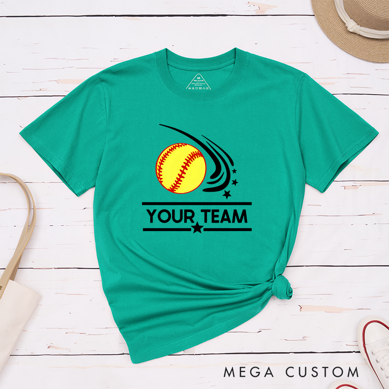 Personalized Softball Team T-Shirt Design Featuring Customizable Team Name Dynamic Softball Motion Graphic and Star Accents