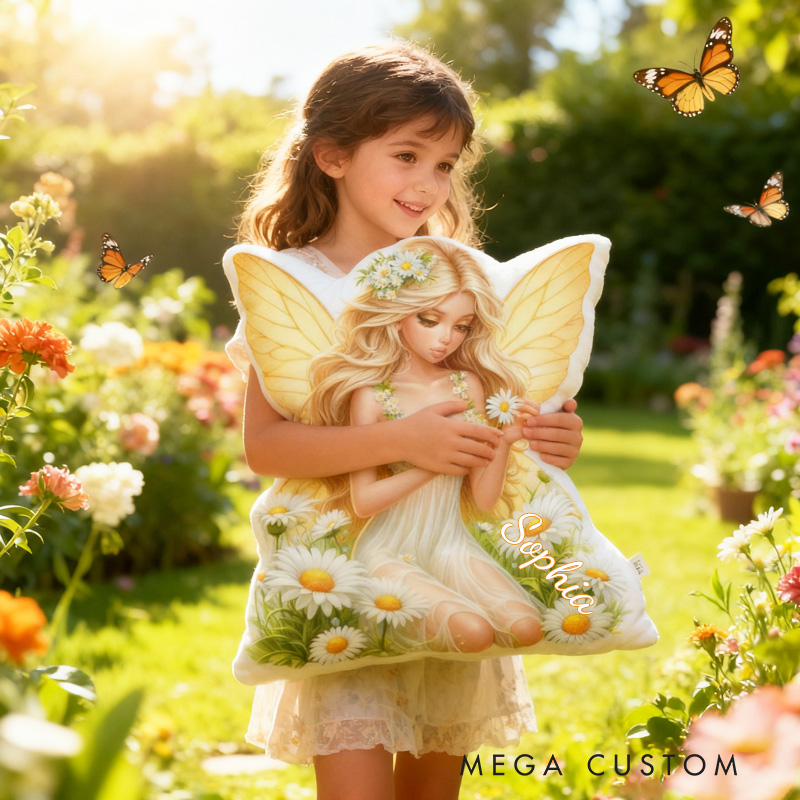 Personalized Daisy Fairy Throw Pillow Cute Garden Fairy Pillow with Name for Kids Girl Boy Gardener Christmas Gifts Loving Room Decor