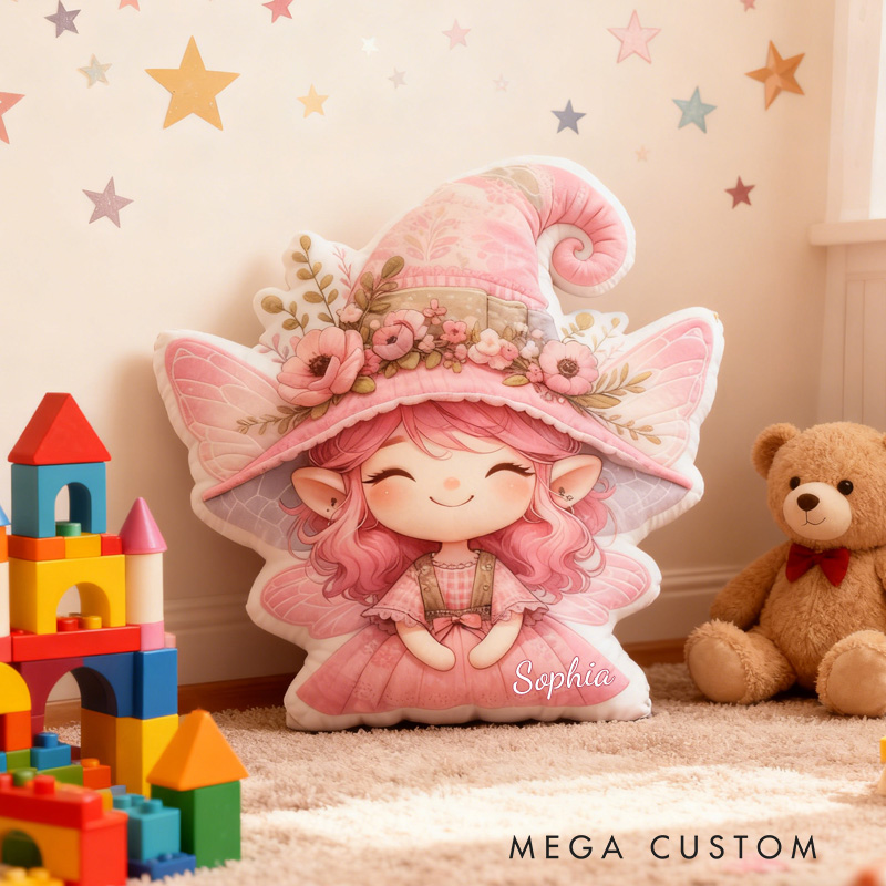 Personalized Cute Fairy Throw Pillow Pink Garden Fairy Pillow with Name for Kids Girl Boy Gardener Christmas Gifts Loving Room Decor
