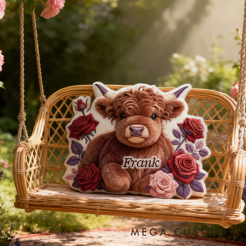 Personalized Rosy Highland Cow Garden Pillow with Custom Name Graphic 3D Print Pillow for Gardening Lovers