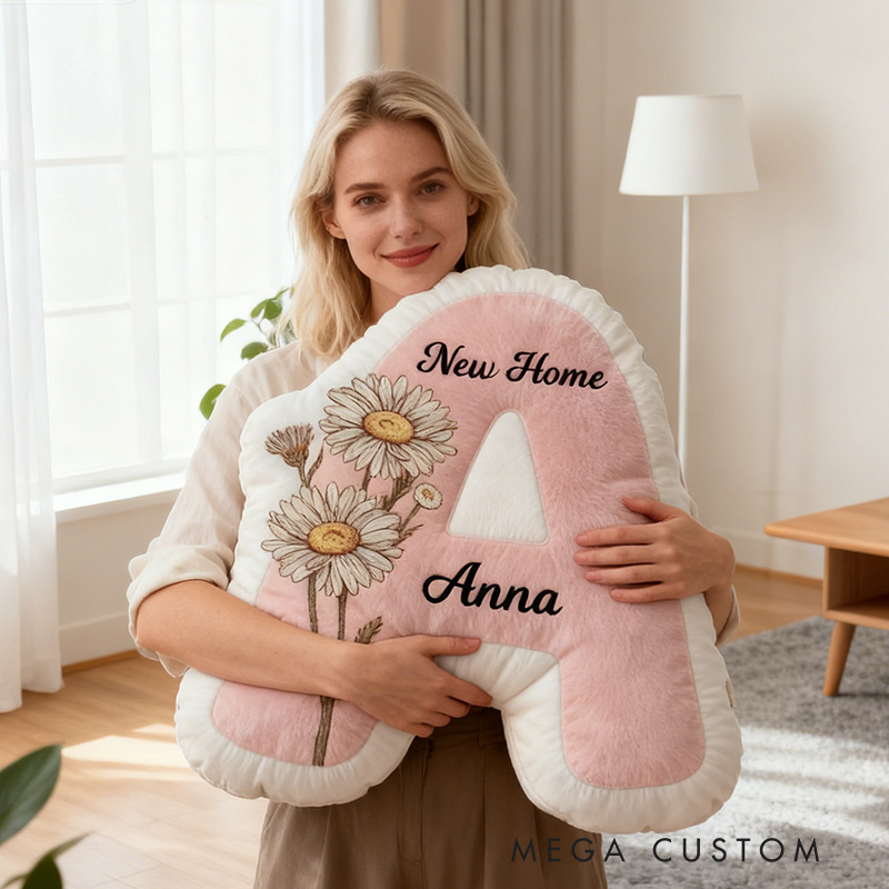 Personalized Letter Name Pillow Initial Pillow Birth Flower Pillow Gift for Kids and Family Housewarming Gift 