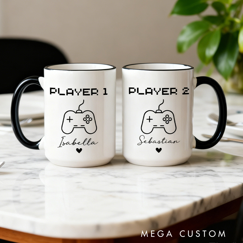 Personalized Gamer Couple Mugs Player 1 Player 2 Mugs Matching Gaming Mugs Retro Game Mugs Custom Gamer Coffee Mugs Gift for Couple Gamer Geek Gift