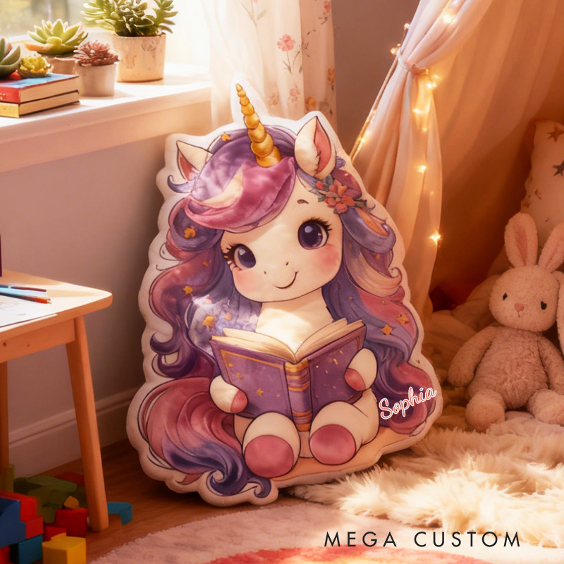 Personalized Cute Reading Horse Throw Pillow Cartoon Horse Pillow with Name Book Pillow for Kids Boys Girls Book Lover Christmas Gift